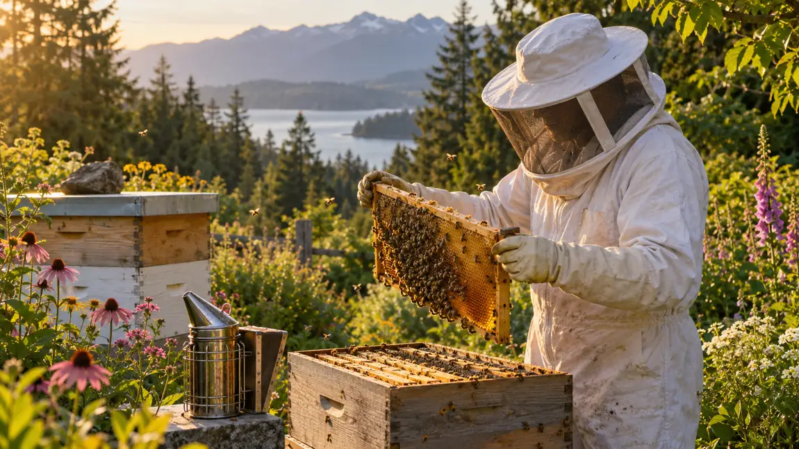 A beekeeper inspecting a honeycomb frame, editorial illustration