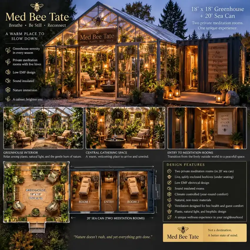 Med Bee Tate greenhouse and adjoining meditation-room concept board