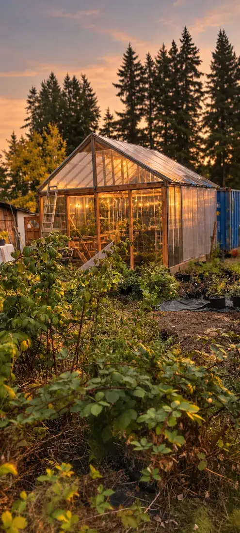 Warm-toned AI-enhanced view of Colin’s greenhouse and adjoining container, with foreground plants