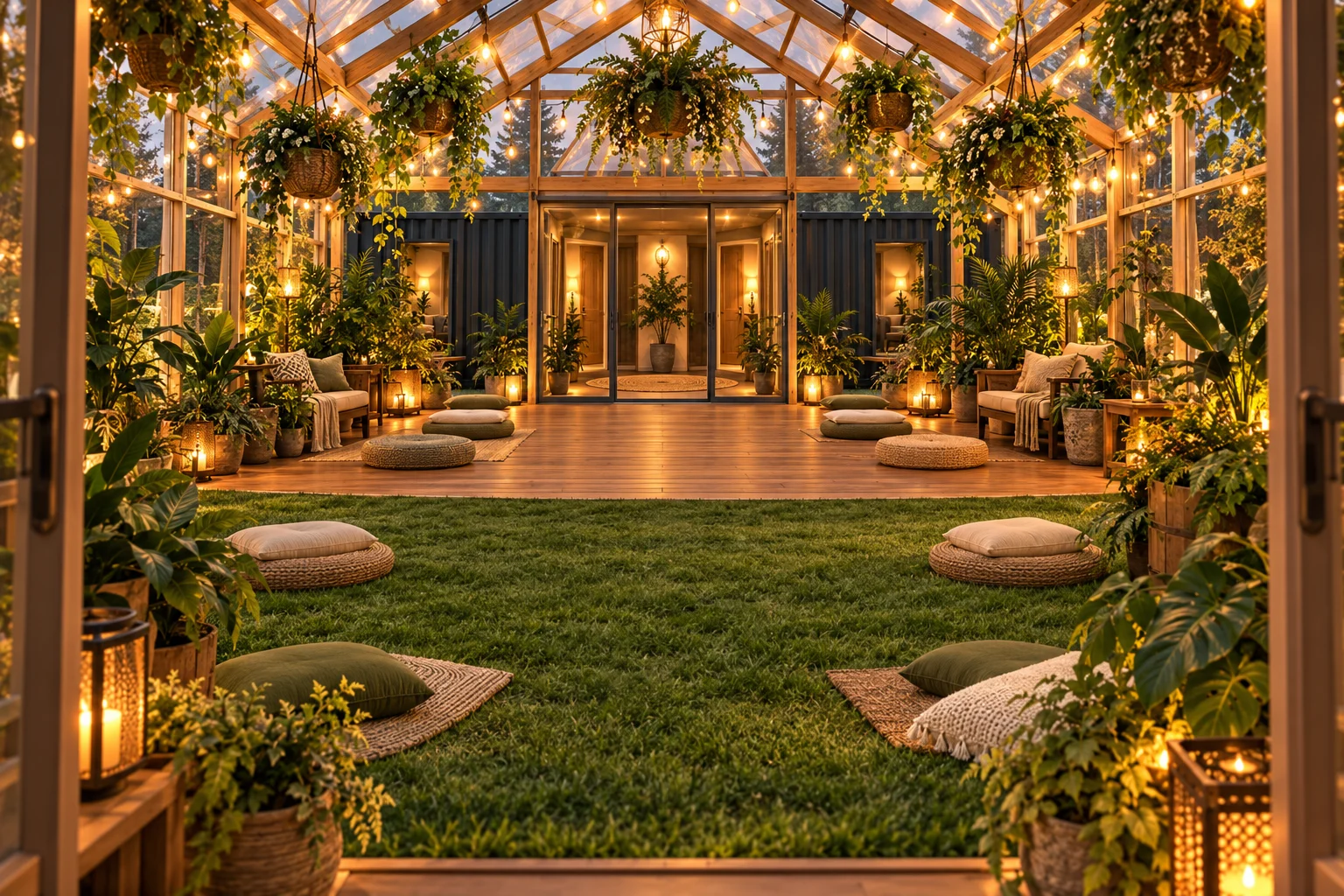 Greenhouse interior concept with grass leading onto wood-plank flooring and a patio-door connection to the sea can