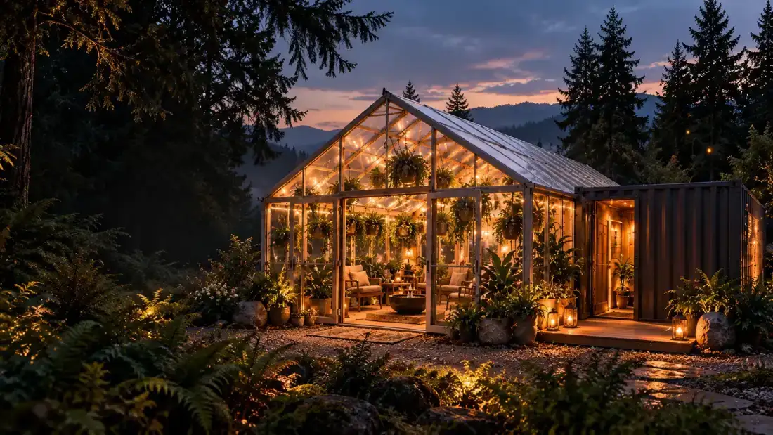 Concept artwork of a warmly lit greenhouse beside a dark shipping container among Pacific Northwest trees
